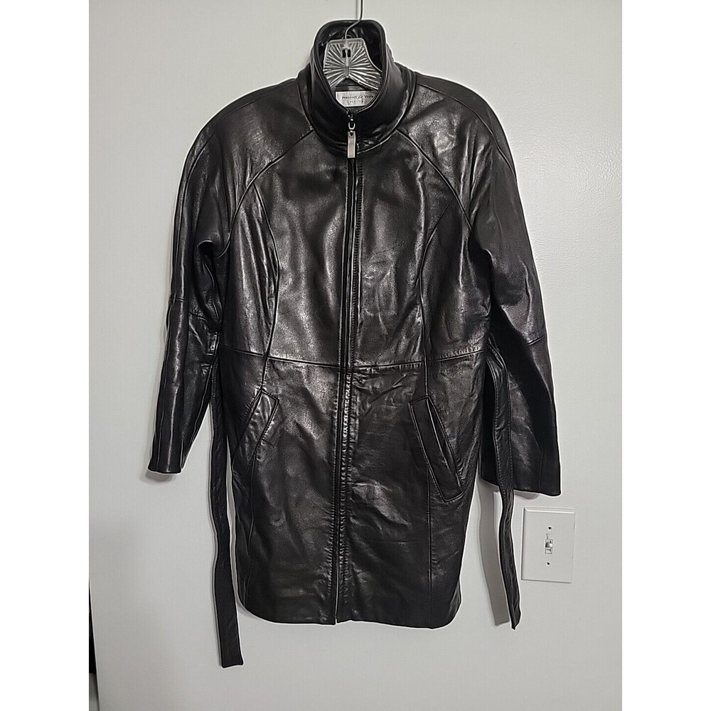Preston York Genuine Soft LambSkin Leather Jacket Belted Blk Sz PS MID Length